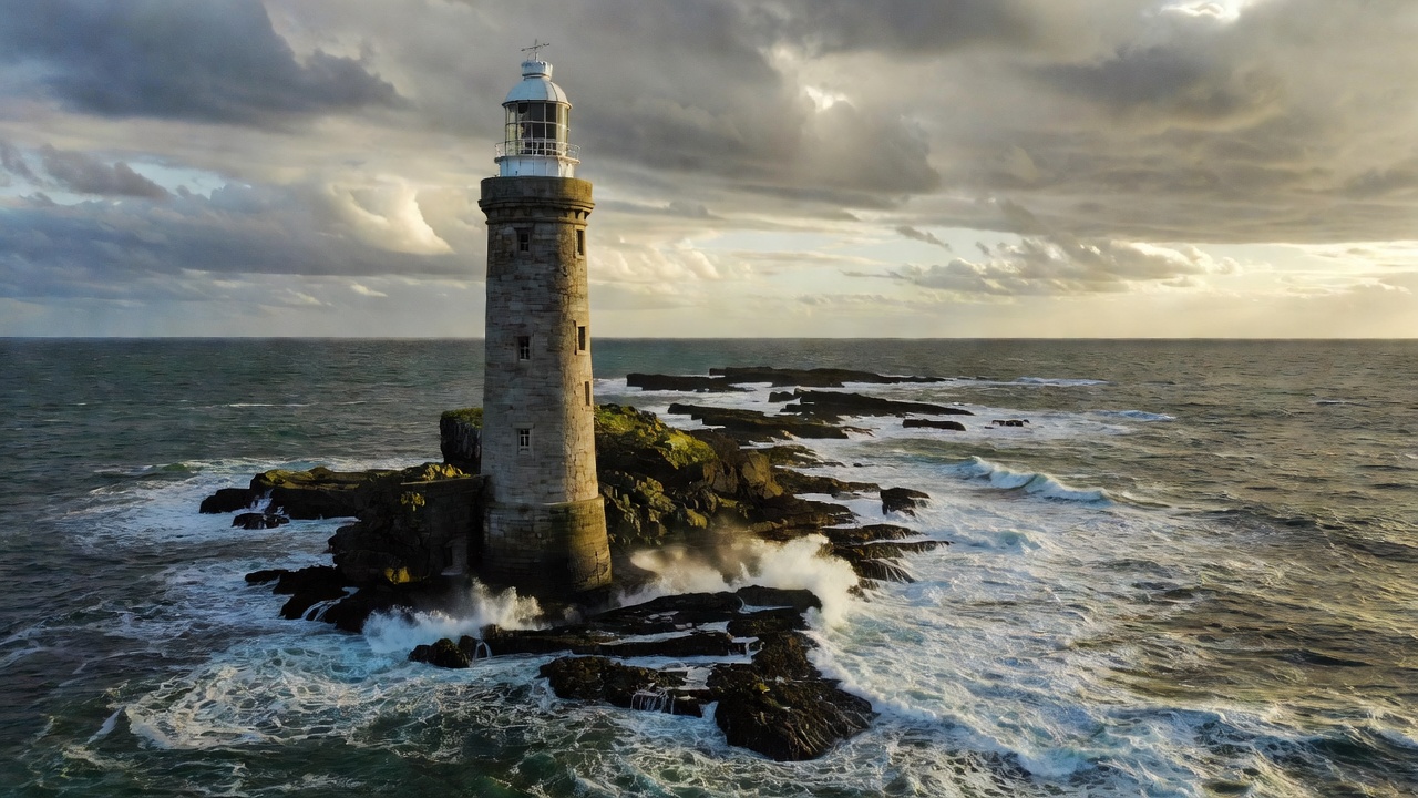 Masonry lighthouse rising from the Bell Rock reef