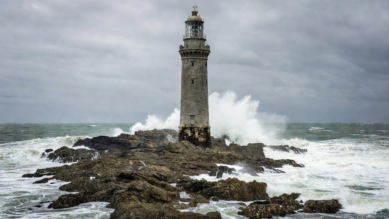 Stone lighthouse tower rising from an exposed offshore reef