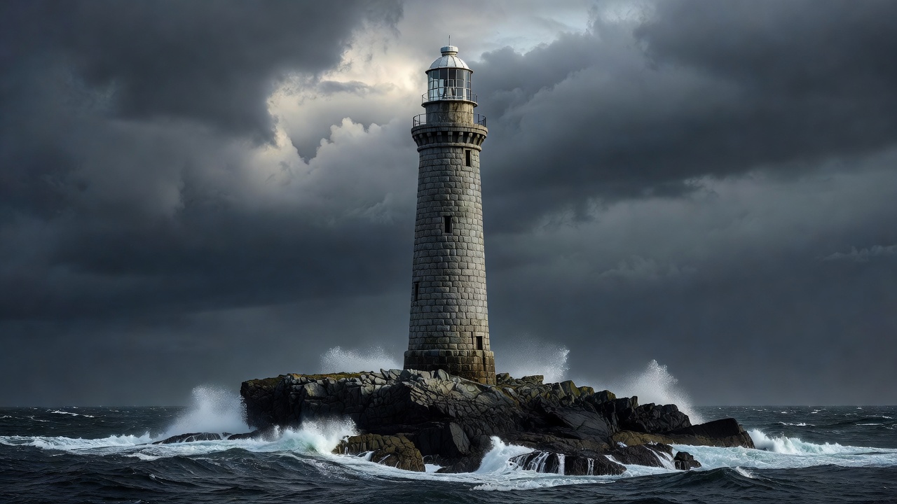 Tall granite lighthouse tower on the Skerryvore reef