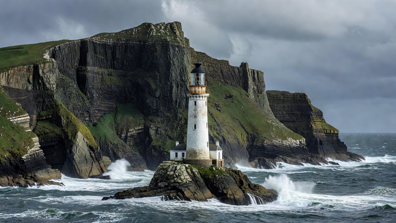 White lighthouse beside the cliffs of South Stack on Anglesey